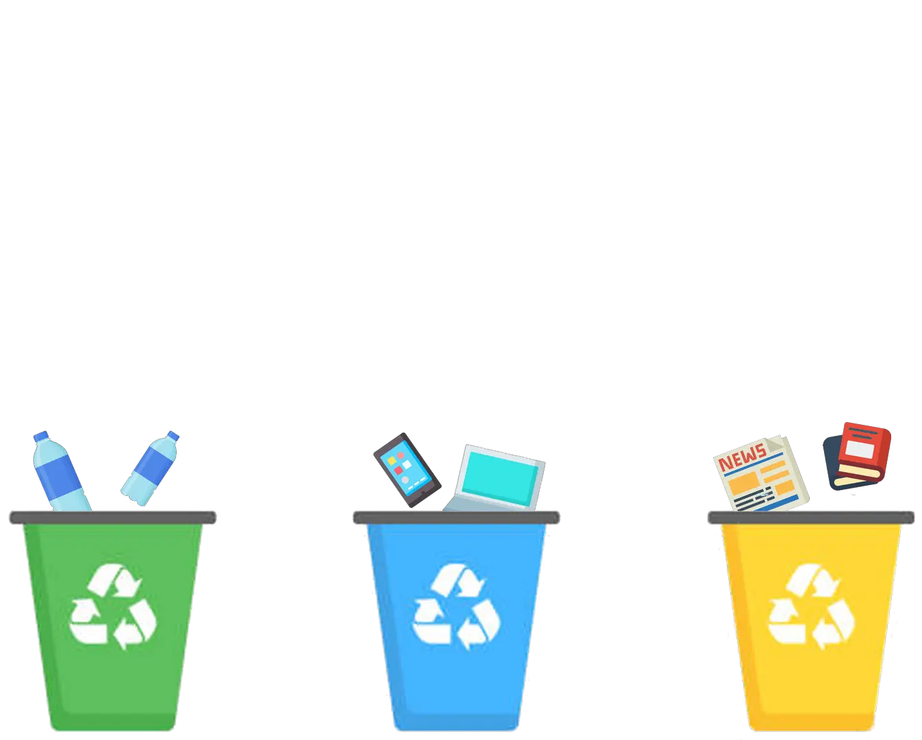 Hero image of three recycing bins for plastic, E-waste, paper